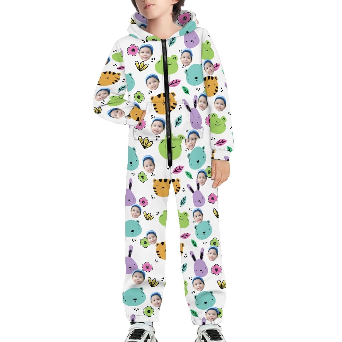 Custom Custom Face Flowers Animals Unisex Jumpsuits Zip Up Hoodie Onesie with Pockets for Kids Boys Girls - YesCustom