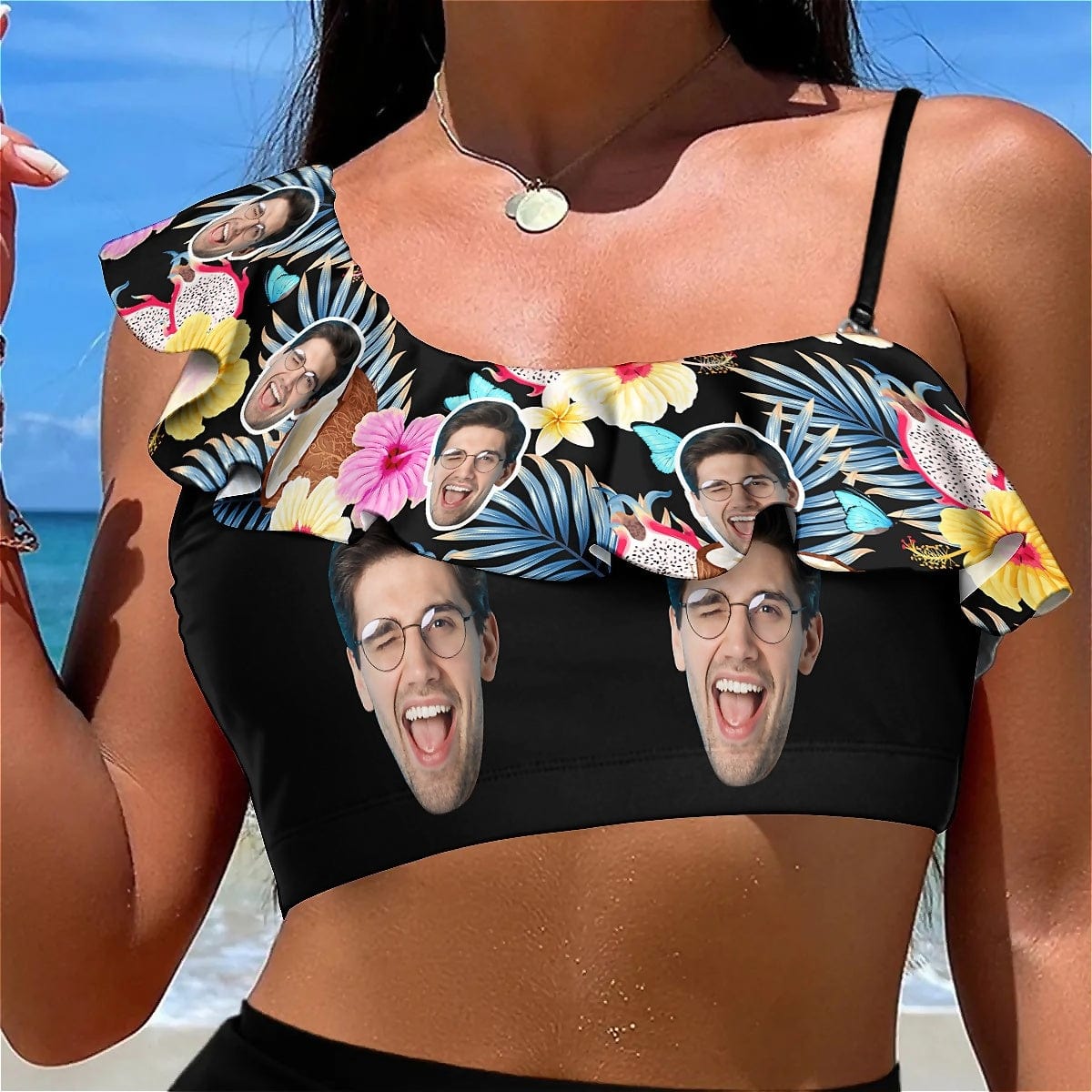 Custom Custom Face Flowers Black Bikini Top&Bottom Off Shoulder Ruffle Bikini Top High Waisted Bikini Bottom - YesCustom