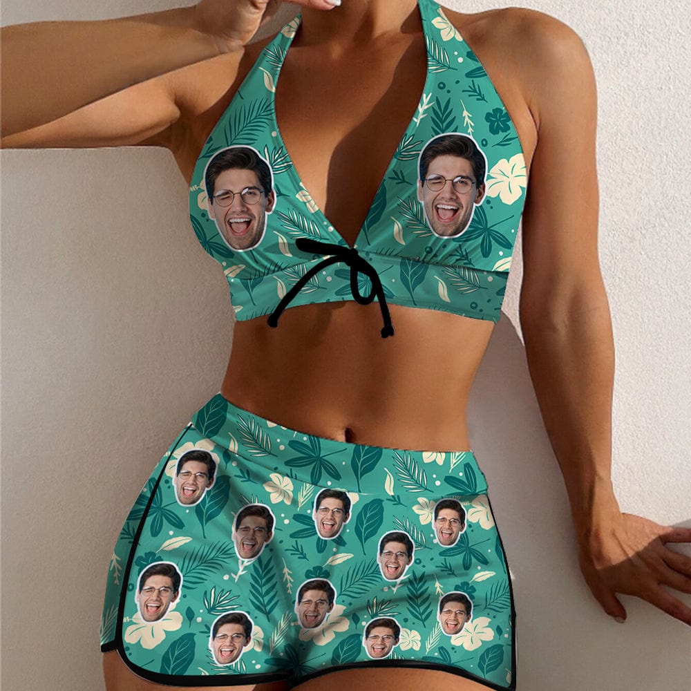 Custom Custom Face Flowers Boyshorts Bikini Set Personalized Halter V Neck Top Athletic Bathing Suit High Waisted Bikini - YesCustom