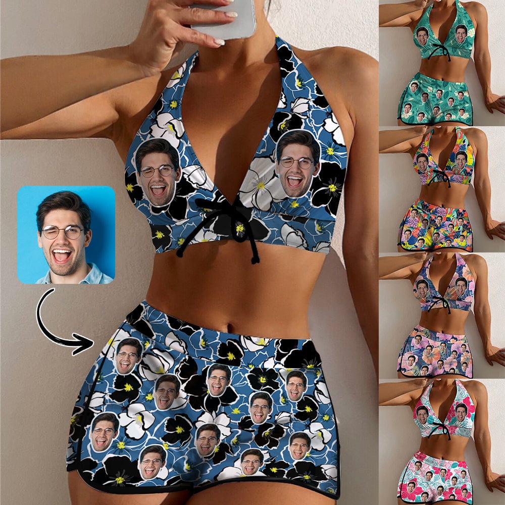 Custom Custom Face Flowers Boyshorts Bikini Set Personalized Halter V Neck Top Athletic Bathing Suit High Waisted Bikini - YesCustom