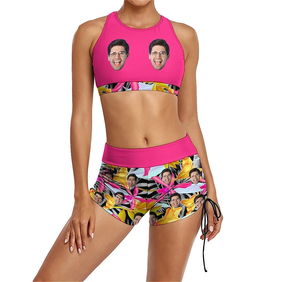 Custom Custom Face Flowers Drawstring Boyshorts Bikini Set Personalized High Waisted Bikini Bathing Suit - YesCustom