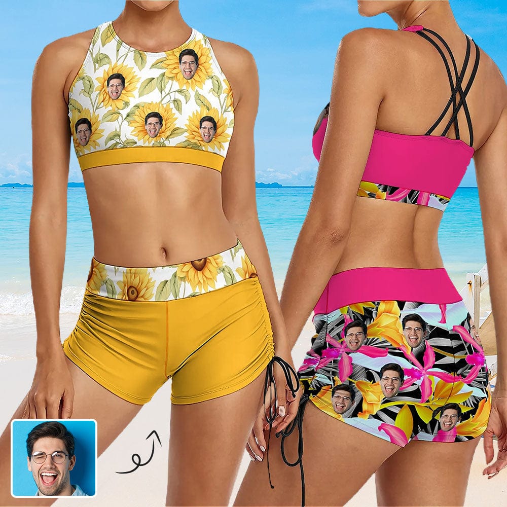 Custom Custom Face Flowers Drawstring Boyshorts Bikini Set Personalized High Waisted Bikini Bathing Suit - YesCustom