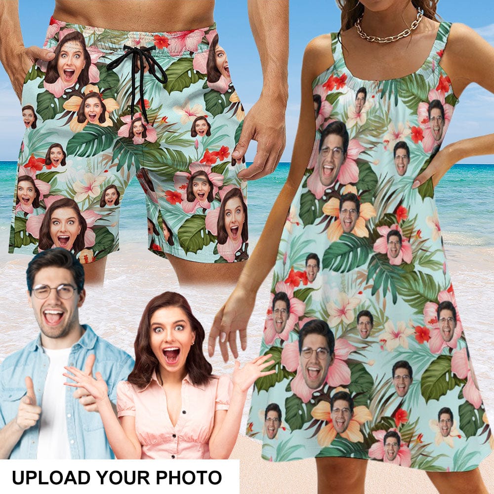 Custom Custom Face Flowers Green Couple Swim Shorts&Dress Men's Swim Trunks Women's Beach Sling Skirt - YesCustom