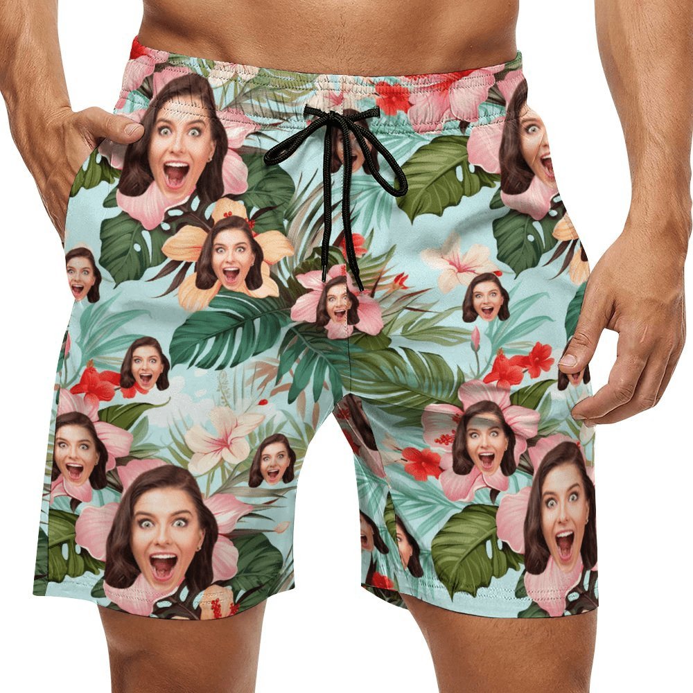 Custom Custom Face Flowers Green Couple Swim Shorts&Dress Men's Swim Trunks Women's Beach Sling Skirt - YesCustom
