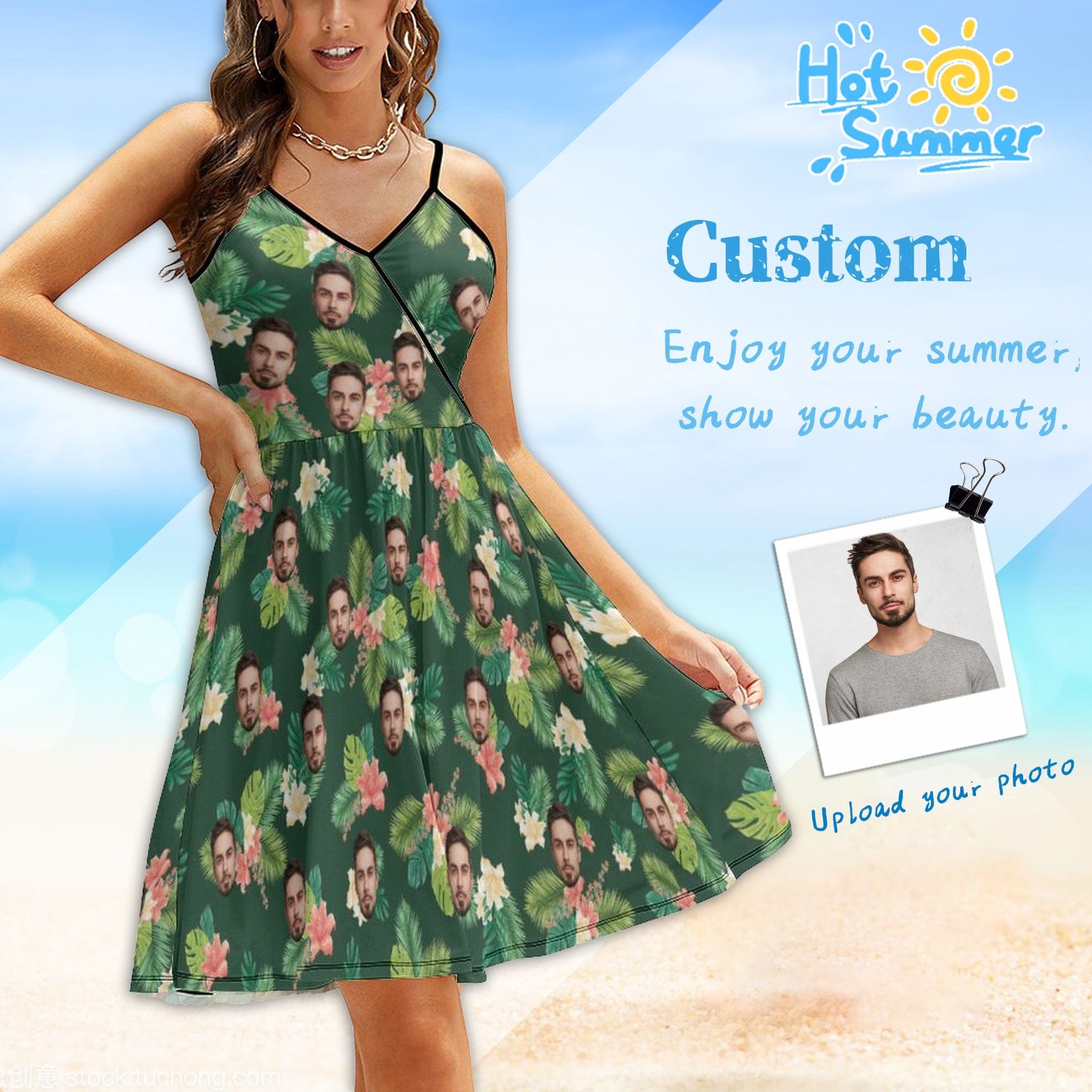 Custom Custom Face Flowers Green Leaves Women's Sling Dress - YesCustom