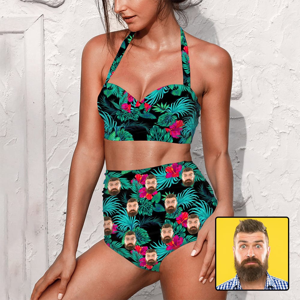 Custom Custom Face Flowers Green Strap Personalized Two-piece Bikini Swimsuit - YesCustom