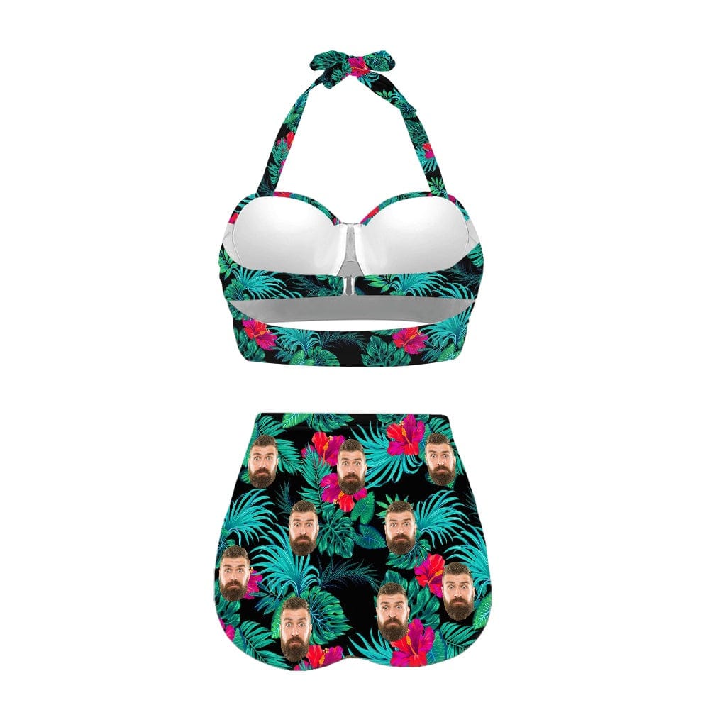 Custom Custom Face Flowers Green Strap Personalized Two-piece Bikini Swimsuit - YesCustom