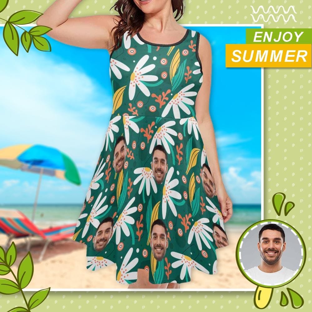 Custom Custom Face Flowers Green Summer Sleeveless Expansion Dress for Women - YesCustom