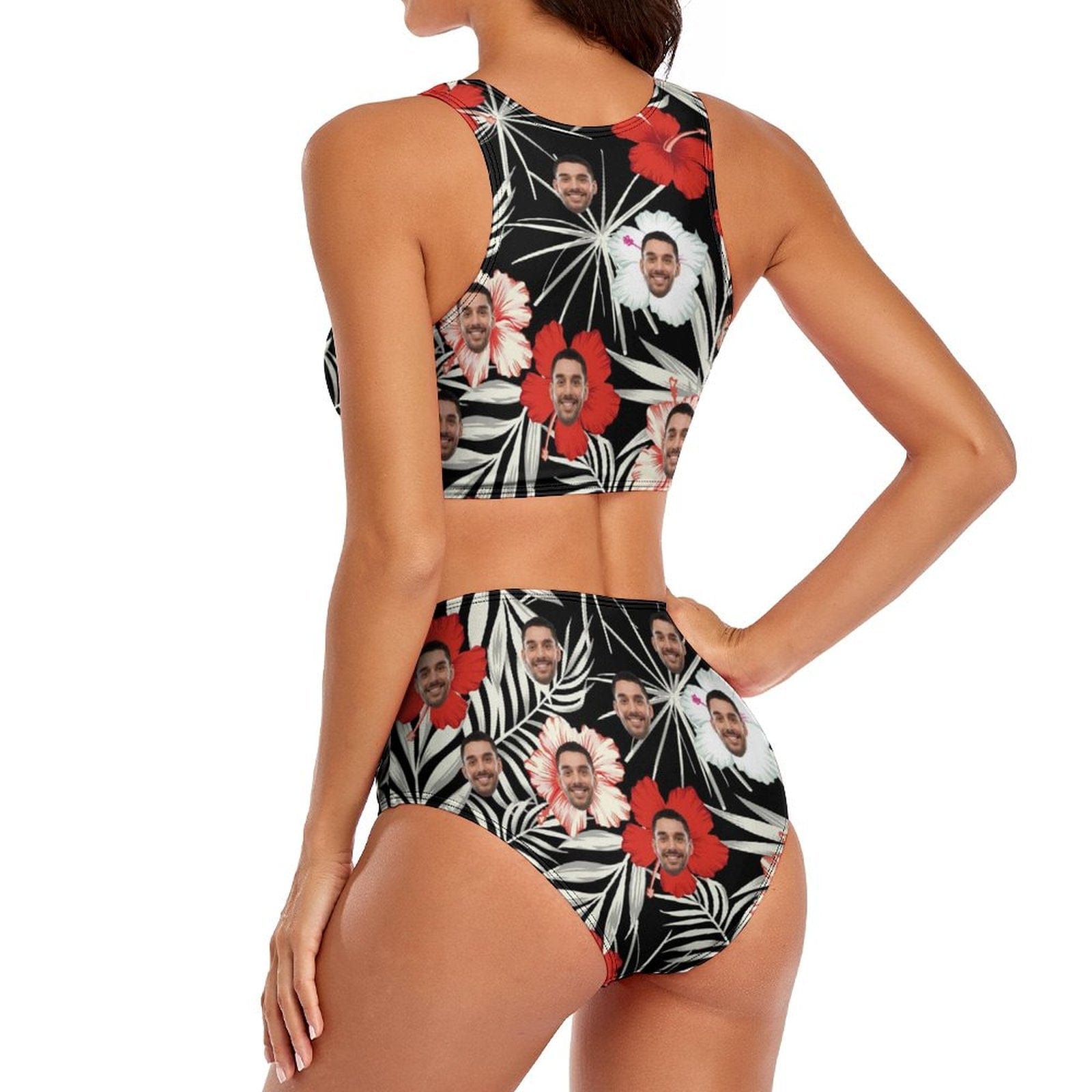 Custom Custom Face Flowers Leaves Cutout Top High Waisted Bikini Personalized Women's Two Piece Swimsuit Beach Outfits - YesCustom