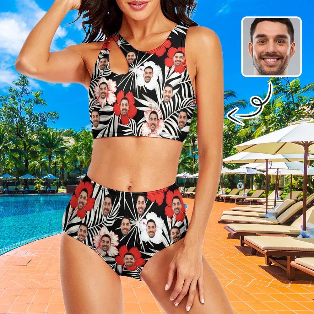 Custom Custom Face Flowers Leaves Cutout Top High Waisted Bikini Personalized Women's Two Piece Swimsuit Beach Outfits - YesCustom