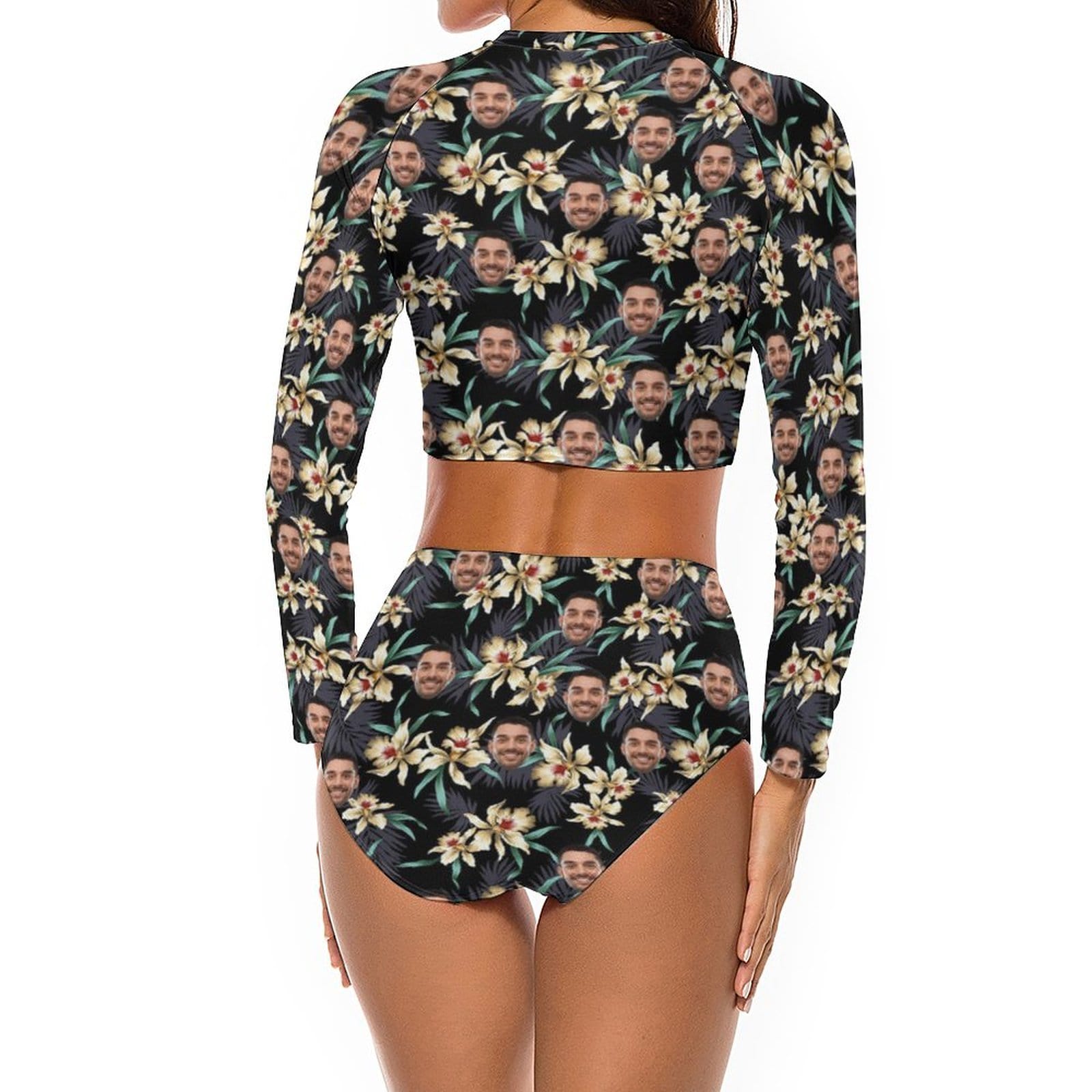 Custom Custom Face Flowers Leaves Long Sleeve High Waisted Tankini Bathing Suit Personalized Women's Two Piece Swimsuit Beach Outfits - YesCustom