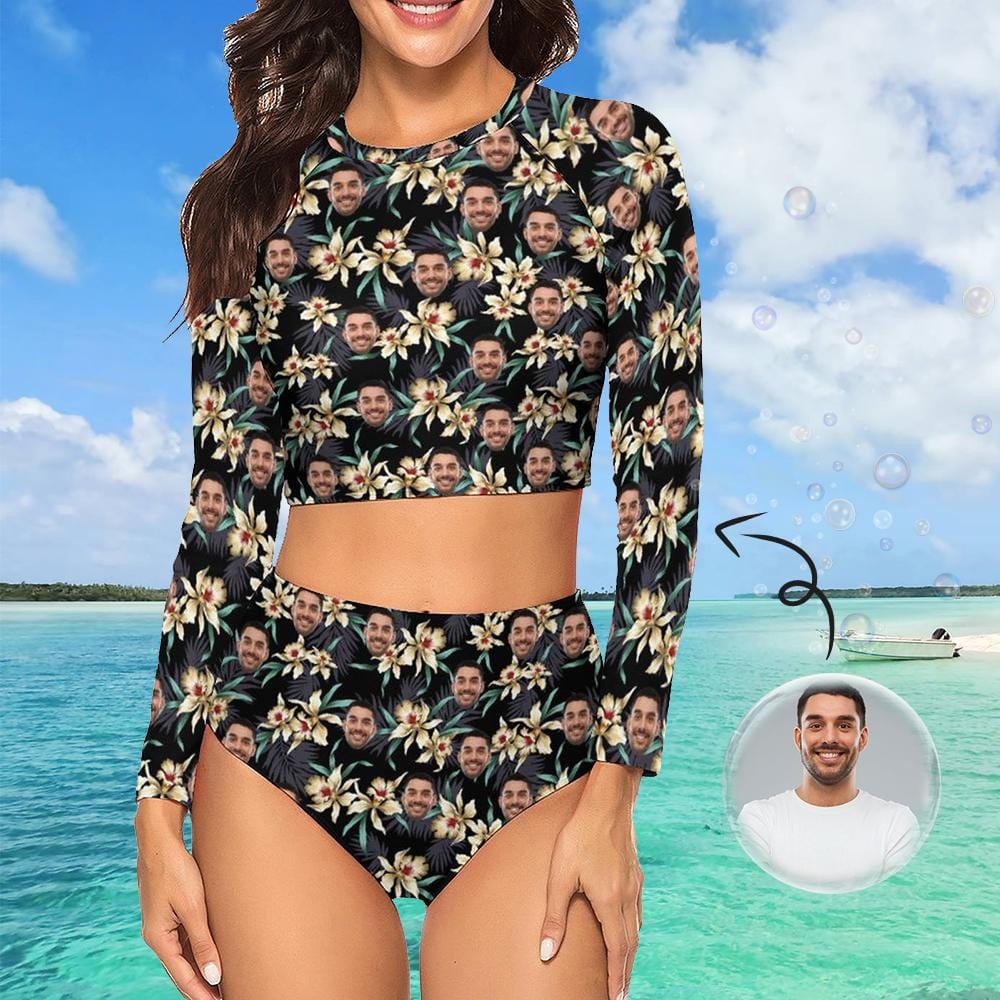 Custom Custom Face Flowers Leaves Long Sleeve High Waisted Tankini Bathing Suit Personalized Women's Two Piece Swimsuit Beach Outfits - YesCustom