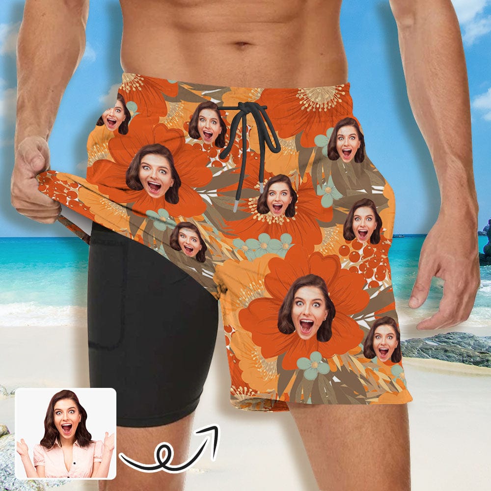 Custom Custom Face Flowers Men's Quick Dry 2 in 1 Surfing & Beach Shorts Male Gym Fitness Shorts - YesCustom