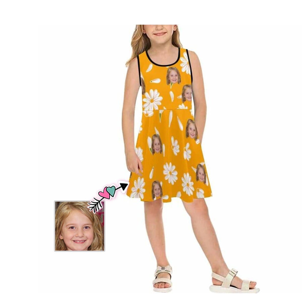 Custom Custom Face Flowers Orange Girl's Sleeveless Sundress - YesCustom