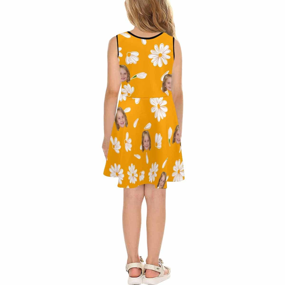 Custom Custom Face Flowers Orange Girl's Sleeveless Sundress - YesCustom