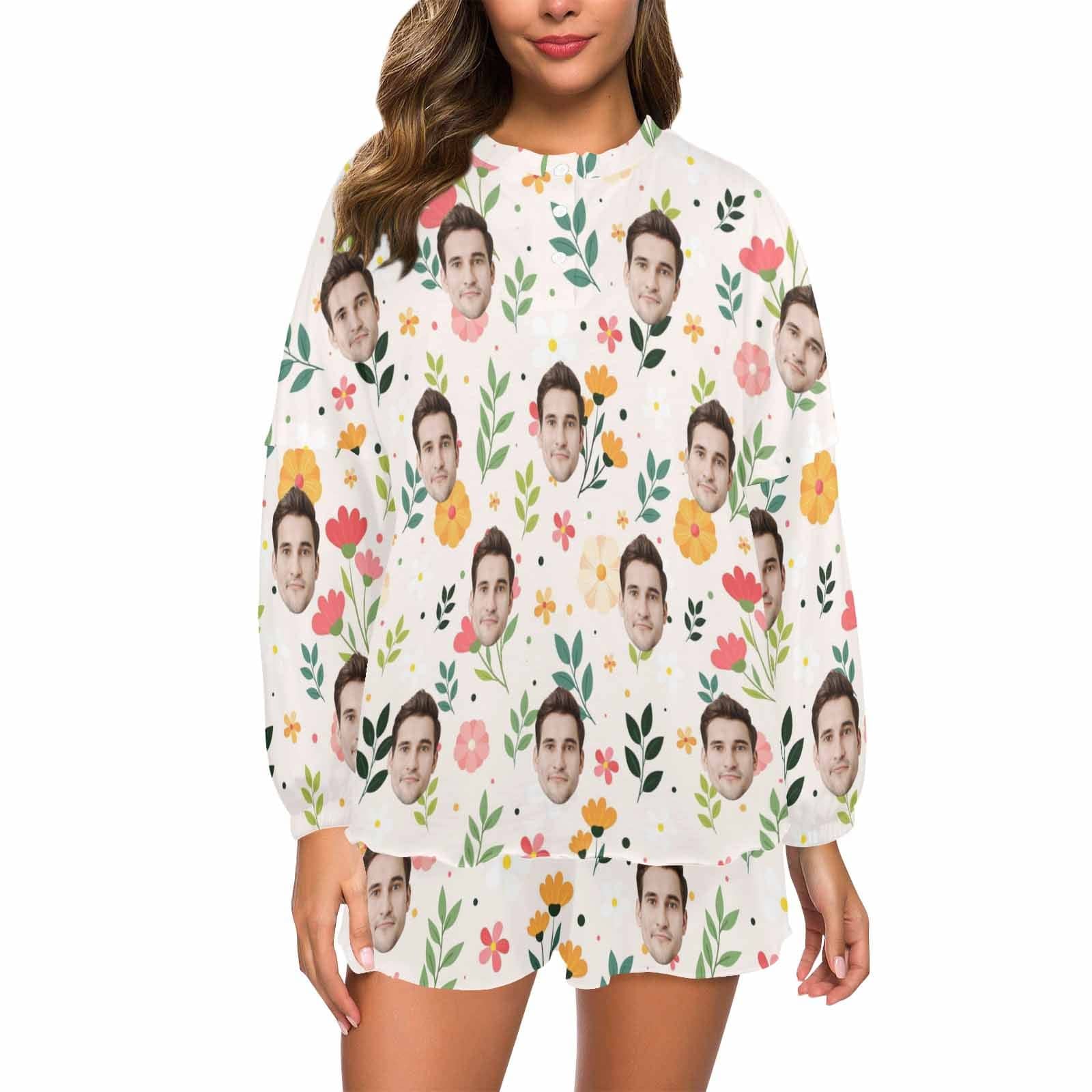 Custom Custom Face Flowers Pajama Set Women's Long Sleeve Top and Shorts Loungewear Tracksuits - YesCustom