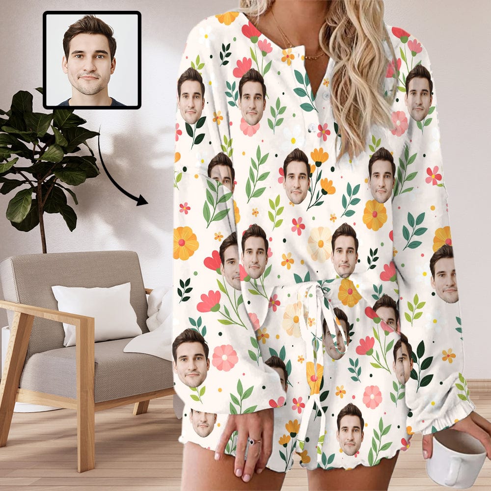 Custom Custom Face Flowers Pajama Set Women's Long Sleeve Top and Shorts Loungewear Tracksuits - YesCustom