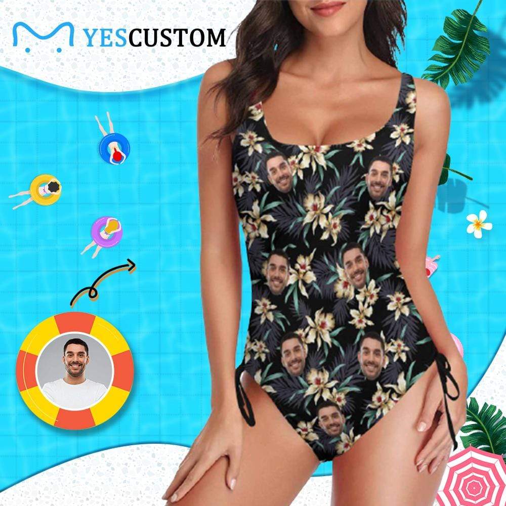 Custom Custom Face Flowers Personalized Women's New Drawstring Side One Piece Bathing Suit Party Swimsuit - YesCustom