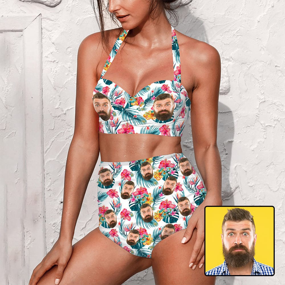 Custom Custom Face Flowers Print White Strap Personalized Two-piece Bikini Swimsuit - YesCustom