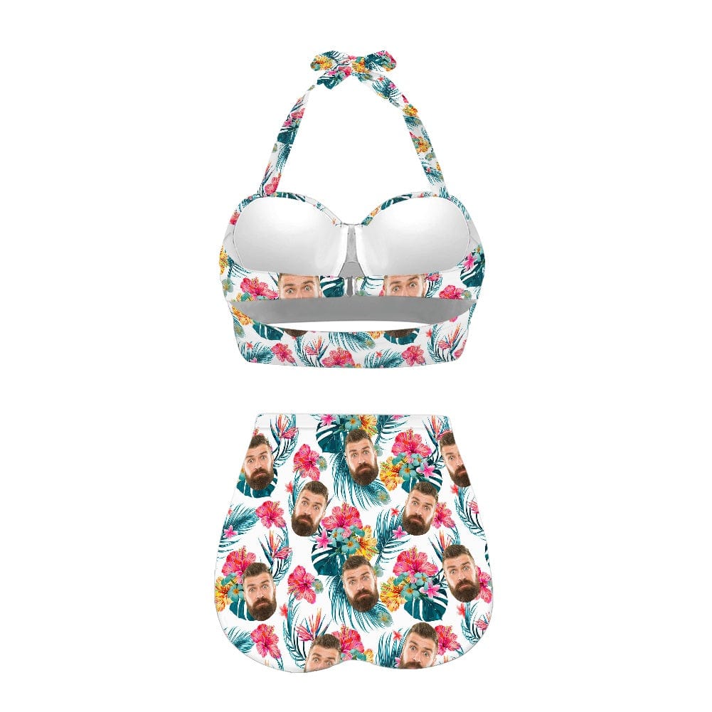 Custom Custom Face Flowers Print White Strap Personalized Two-piece Bikini Swimsuit - YesCustom