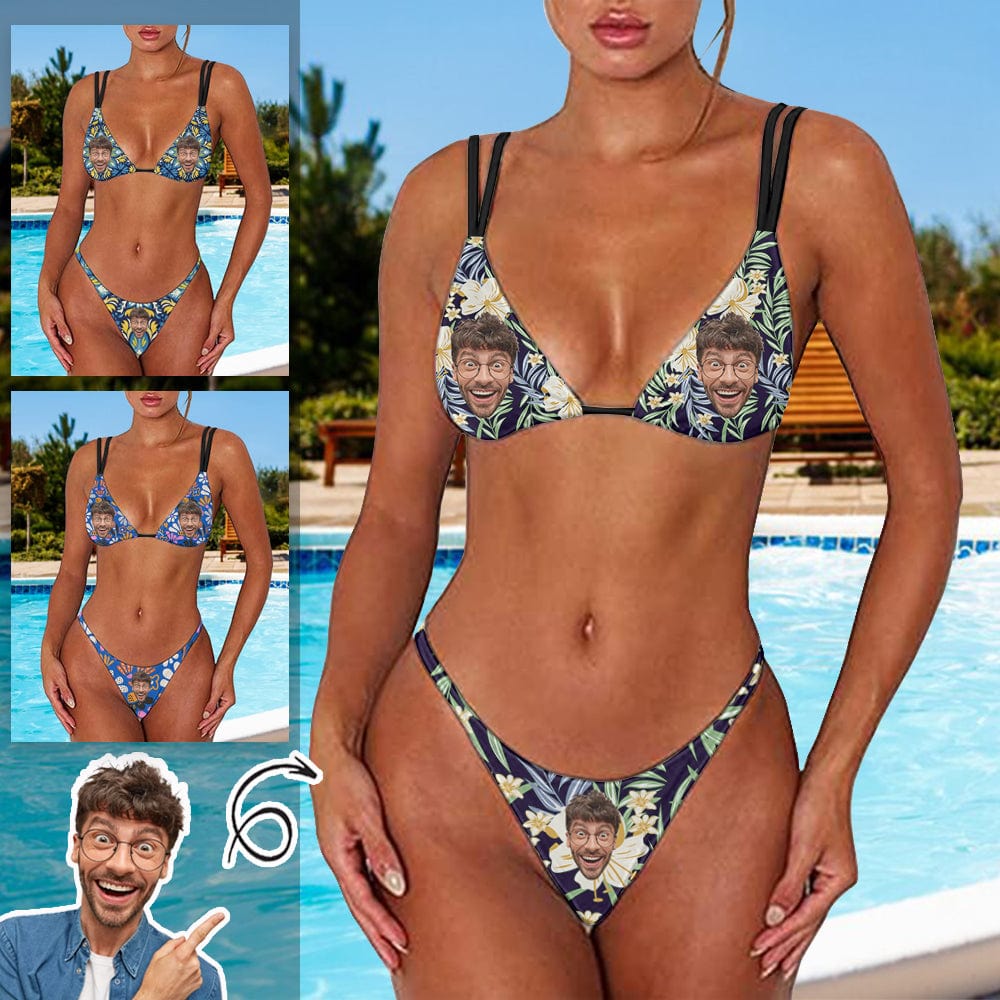 Custom Custom Face Flowers String Bikini Set Double Shoulder Straps Triangle Bikini Two Piece Swimsuit - YesCustom