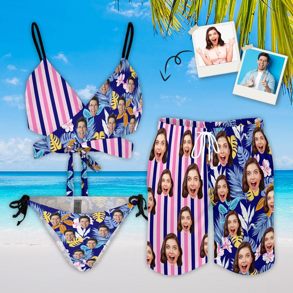 Custom Custom Face Flowers Striped Couple Matching Swimwear Personalized Women's Halter Straps Bikini Set & Men's Swim Shorts For Summer Beach Vacation - YesCustom