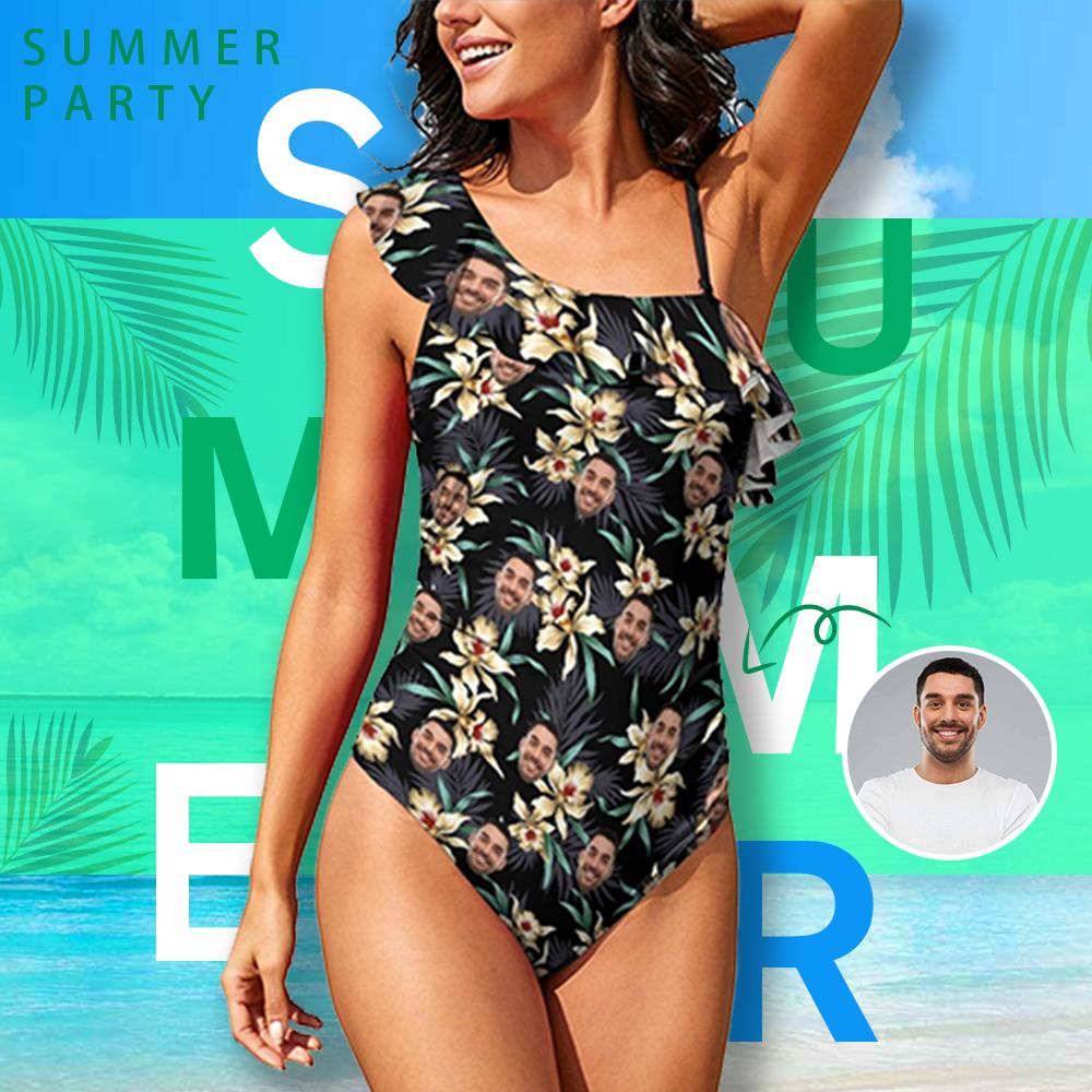 Custom Custom Face Flowers Swimsuit Personalized Women's Shoulder Ruffle One Piece Bathing Suit Holiday Gift For Her - YesCustom