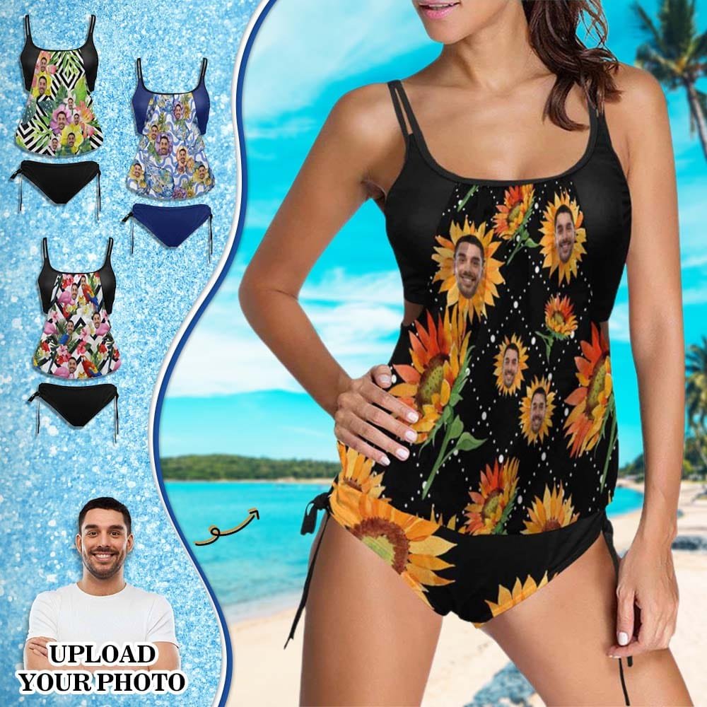 Custom Custom Face Flowers Swimsuit Personalized Womens Tankini Top Sets Bikini Two Piece Bathing Suit - YesCustom