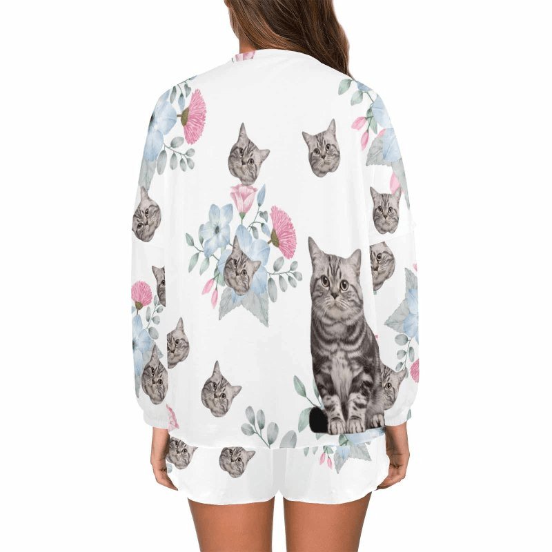 Custom Custom Face Flowers White Pajama Set Women's Long Sleeve Top and Shorts Loungewear Tracksuits - YesCustom