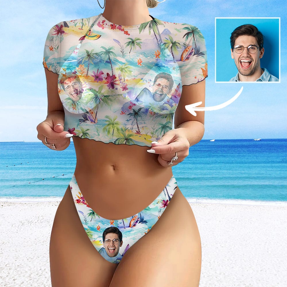 Custom Custom Face Flowers Women's 3 Pieces Bikini Set with Mesh Cover up Halter Triangle Bikini Cover Up Set - YesCustom