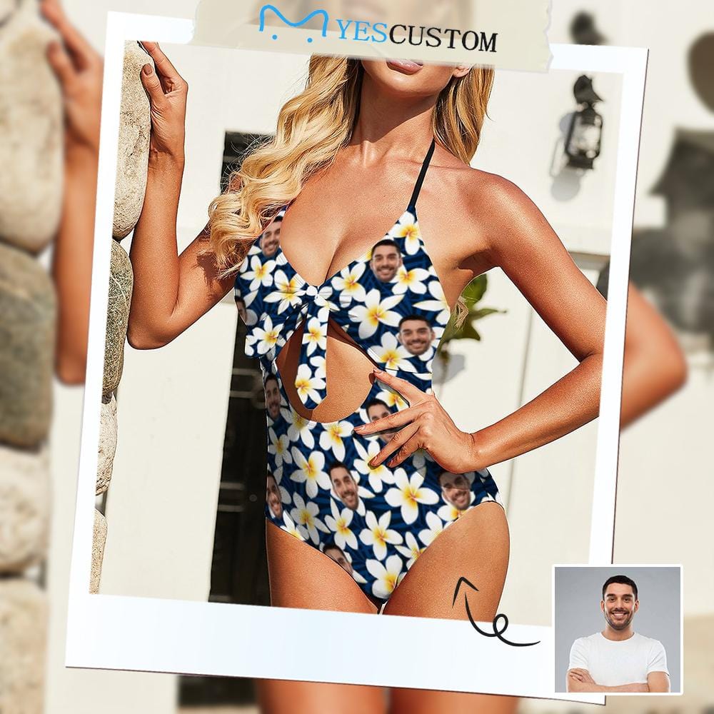 Custom Custom Face Flowers Women's Backless Bow One Piece Swimsuit - YesCustom