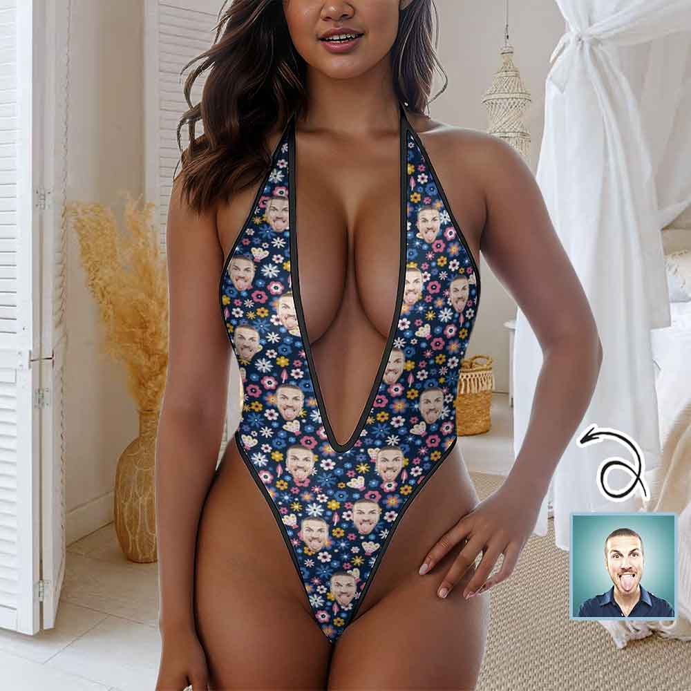 Custom Custom Face Flowers Women's Deep V Lingerie Sexy Jumpsuits Sexy Lingerie Underwear Mesh Lingerie - YesCustom