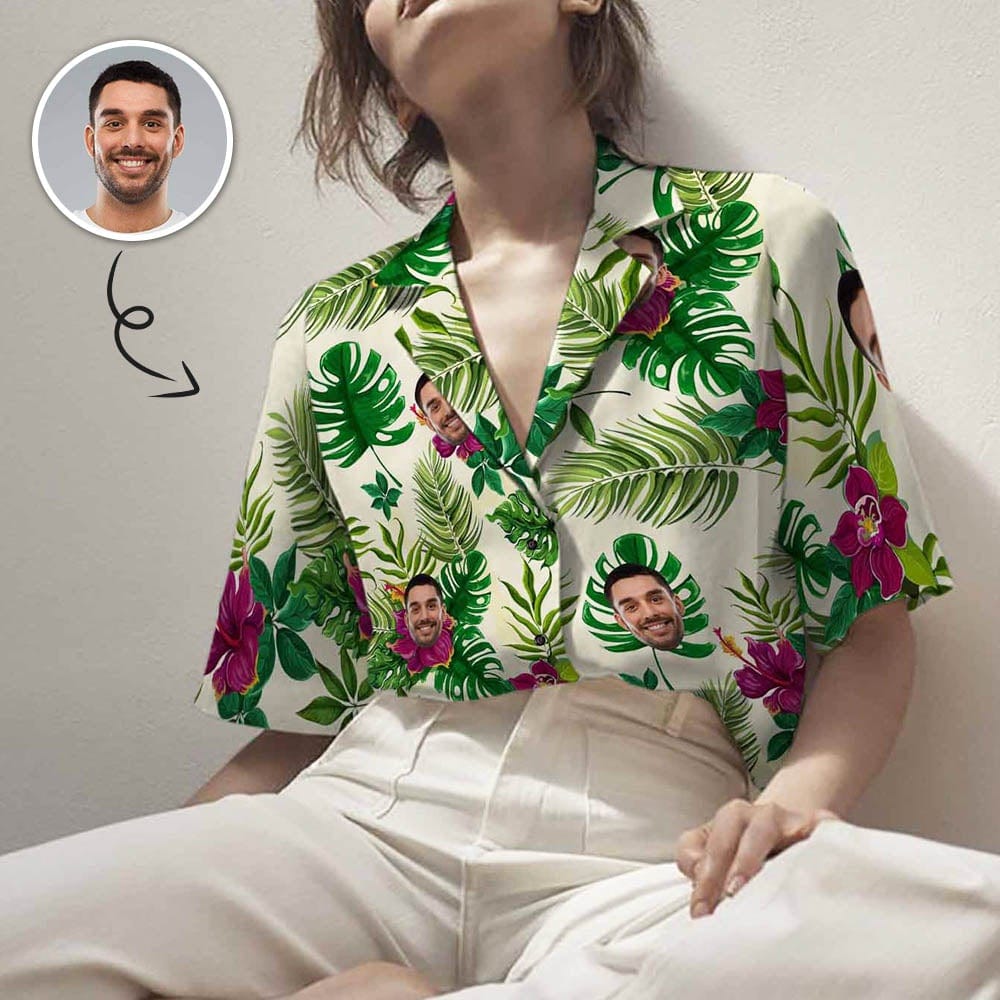 Custom Custom Face Flowers Women's Hawaiian Shirts All Over Print V Neck Short Sleeve Shirt Gift for Girlfriend Wife - YesCustom