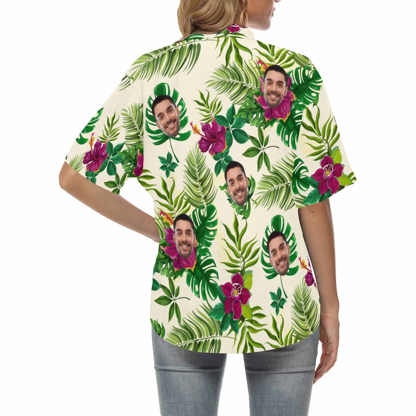Custom Custom Face Flowers Women's Hawaiian Shirts All Over Print V Neck Short Sleeve Shirt Gift for Girlfriend Wife - YesCustom