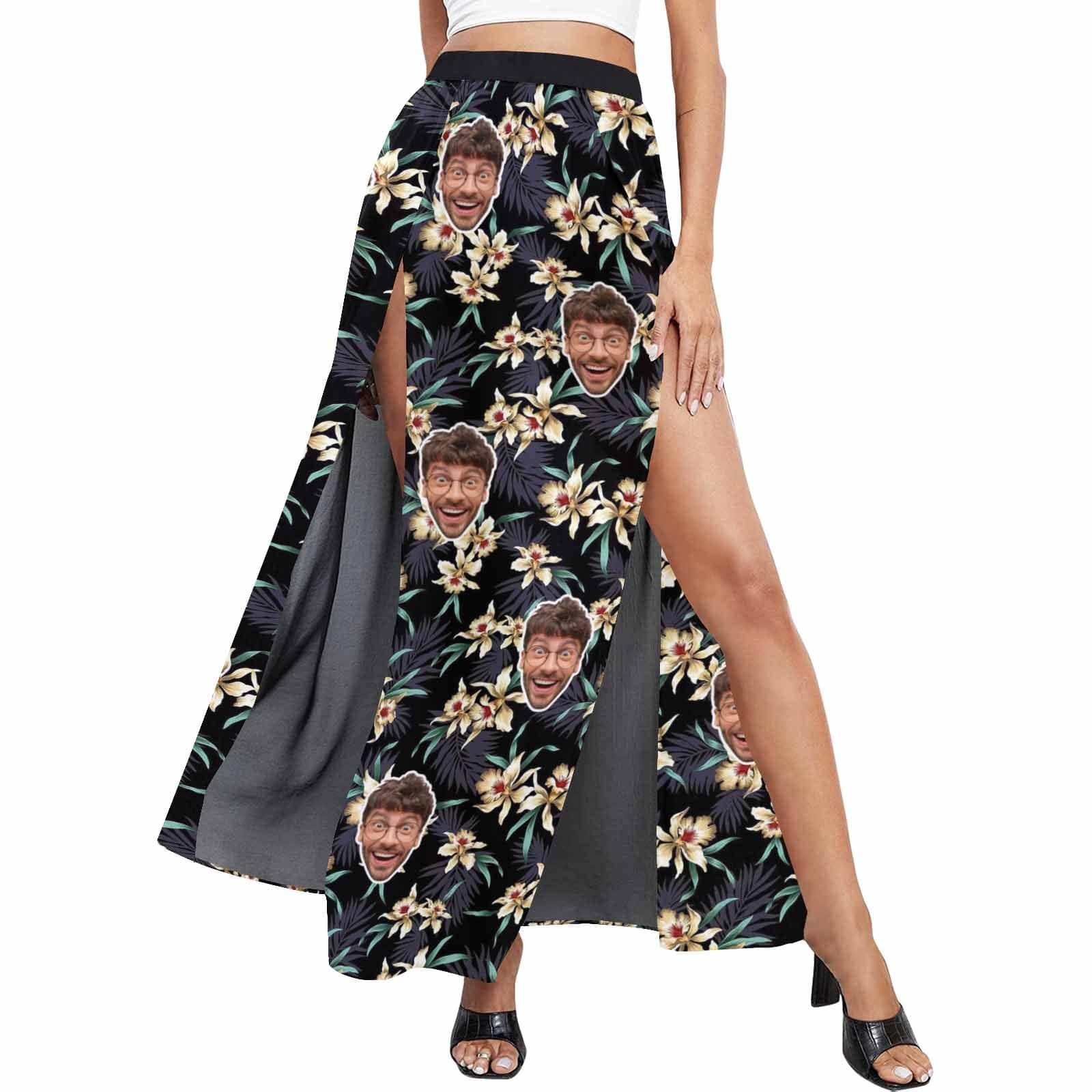 Custom Custom Face Flowers Women's Sexy Strap Deep V Neck 2 Piece Outfits Dress Crop Top High Split Maxi Dresses Skirt Set - YesCustom