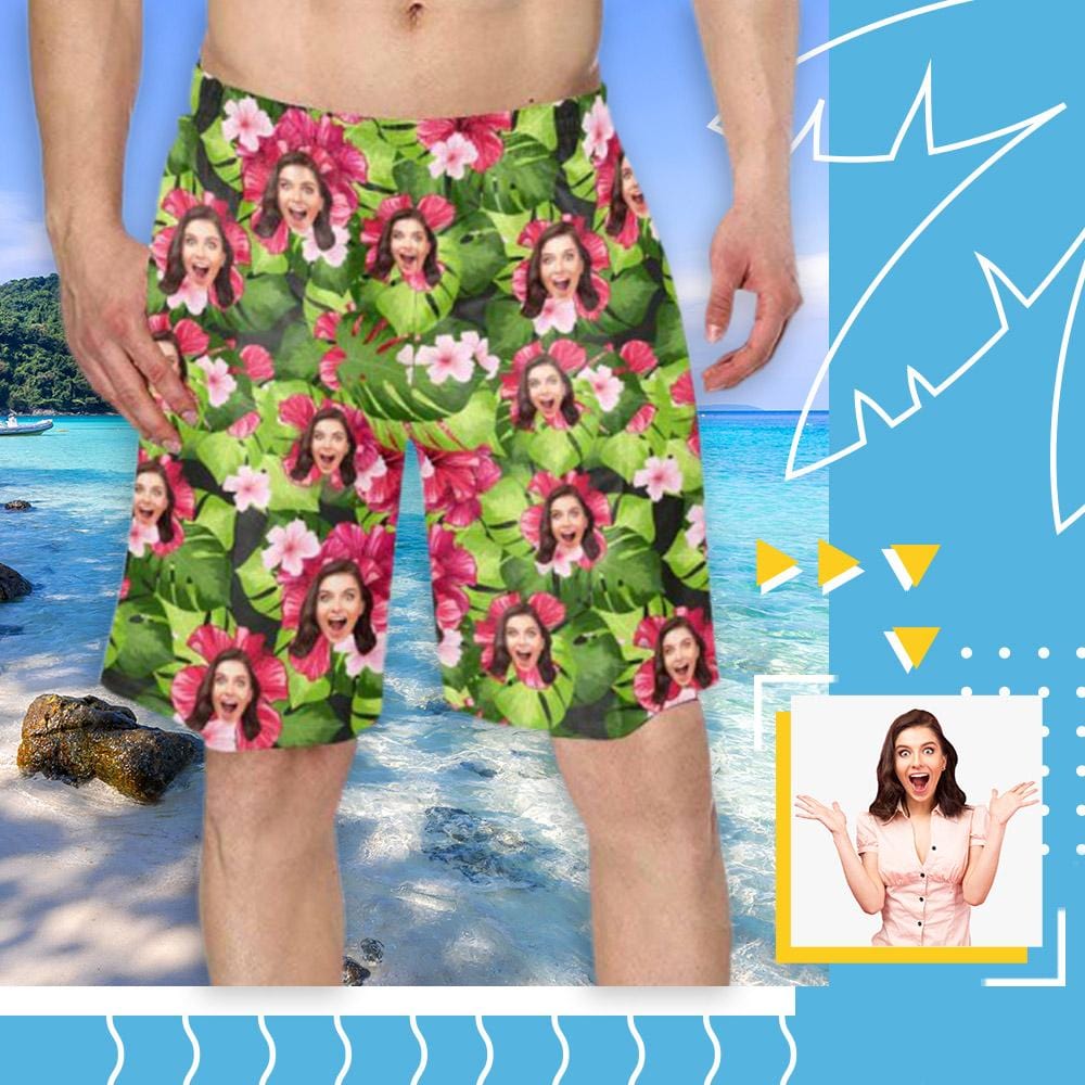 Custom Custom Face Flowers&Leaves Personalized Photo Men's Elastic Beach Shorts - YesCustom