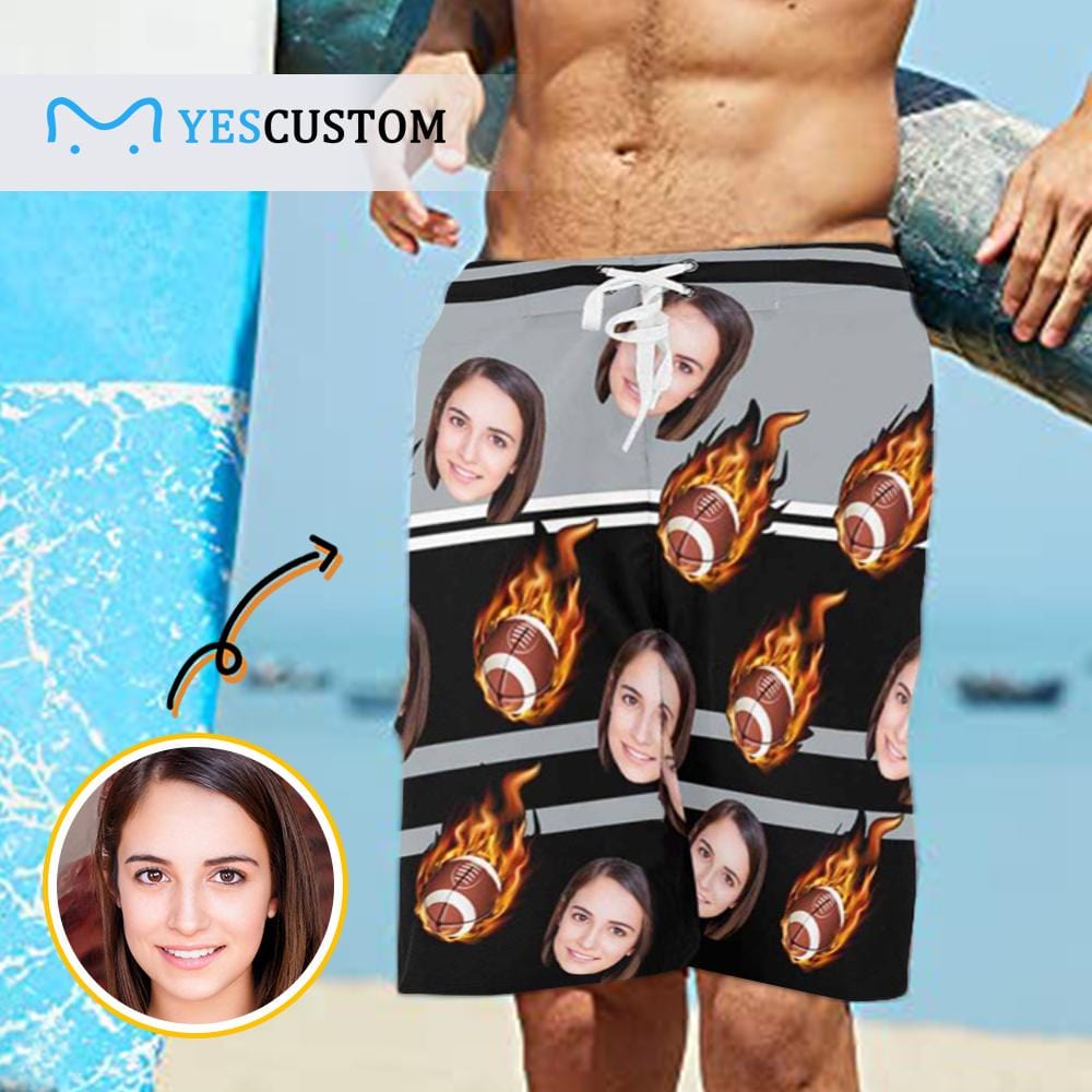Custom Custom Face Football Fire Personalized Photo Men's Beach Shorts Drawstring Shorts - YesCustom