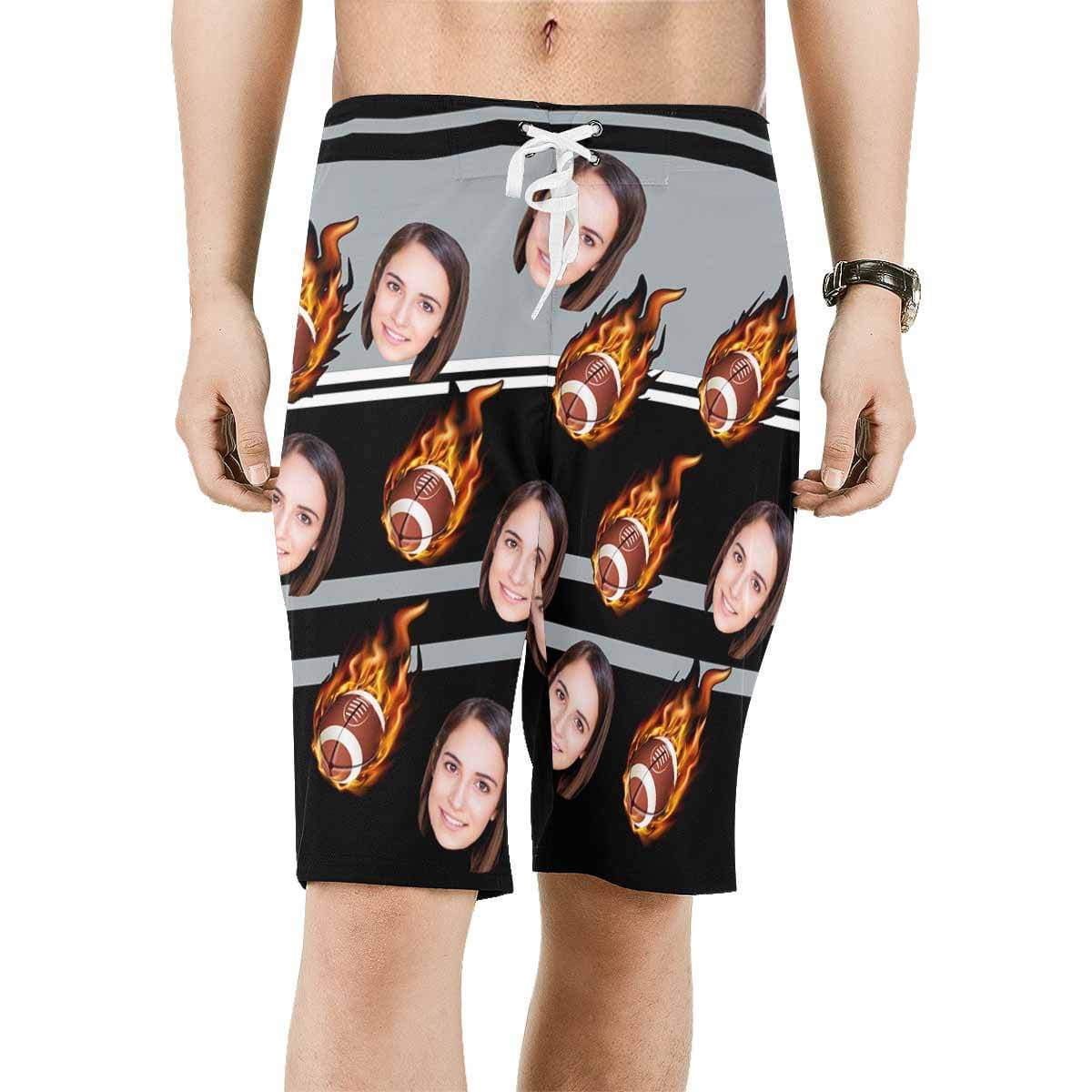Custom Custom Face Football Fire Personalized Photo Men's Beach Shorts Drawstring Shorts - YesCustom