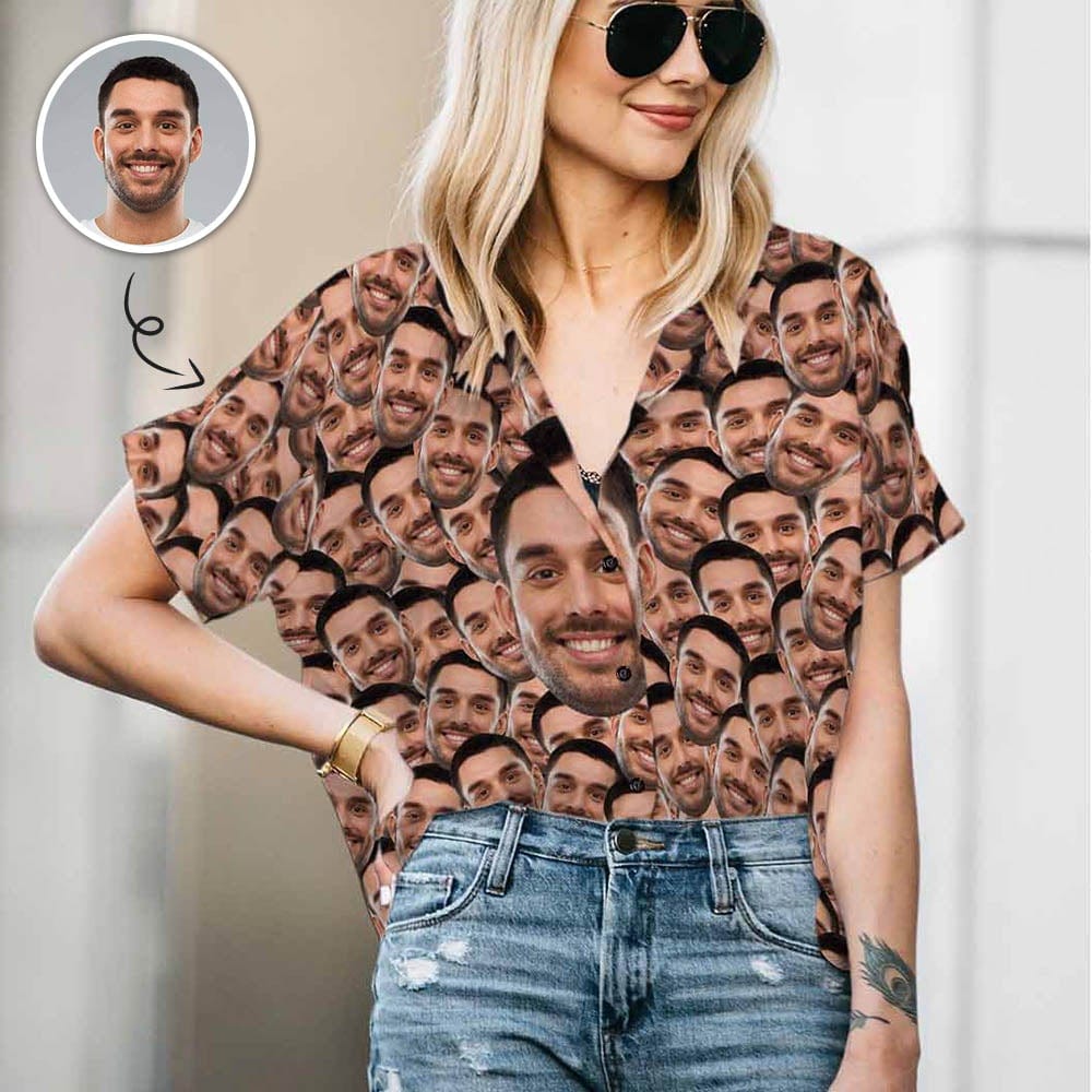Custom Custom Face For Lover Women's Hawaiian Shirts All Over Print V Neck Short Sleeve Shirt Gift for Girlfriend Wife - YesCustom