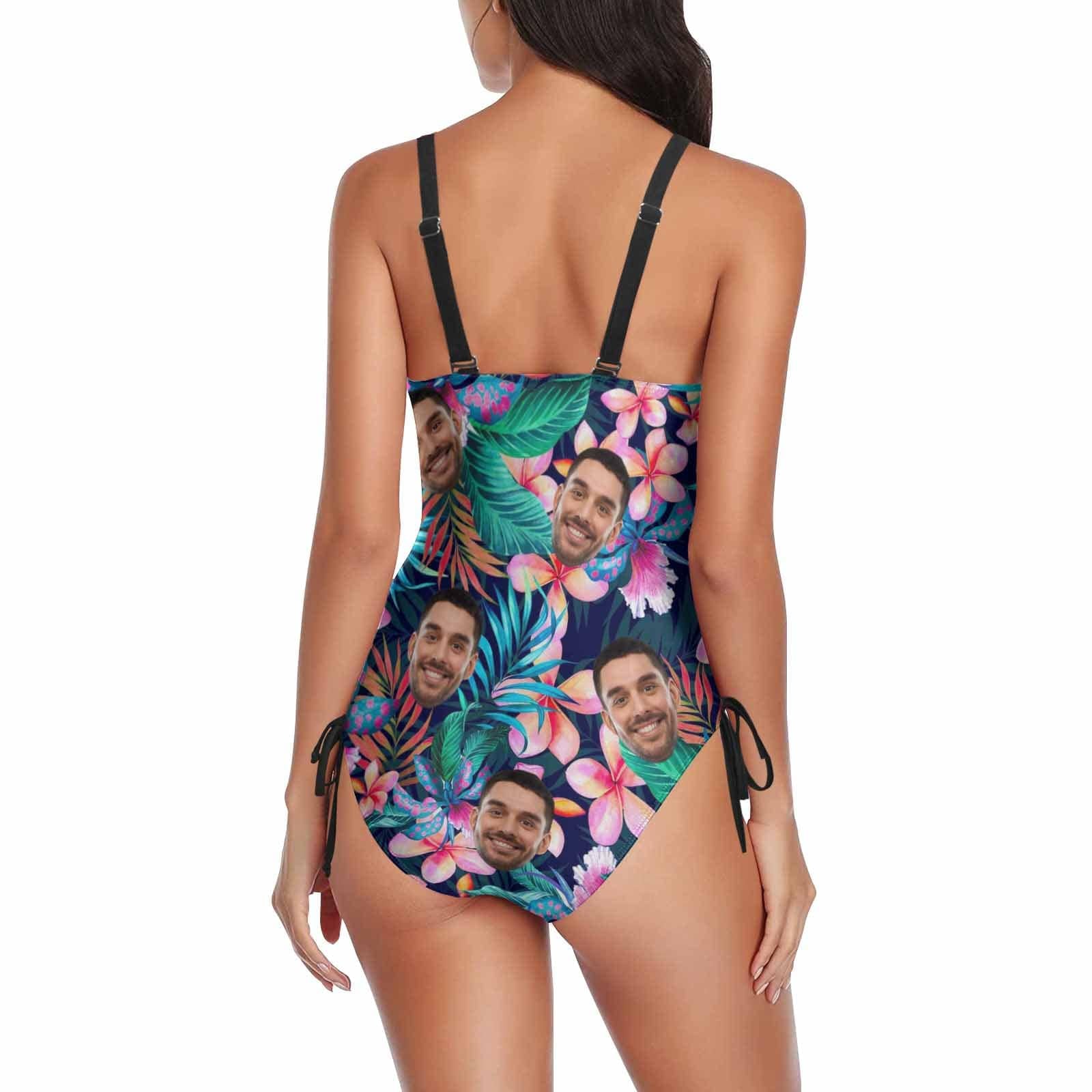 Custom Custom Face Fresh Flowers Swimsuits Personalized Women's New Drawstring Side One Piece Bathing Suit Holiday Party - YesCustom
