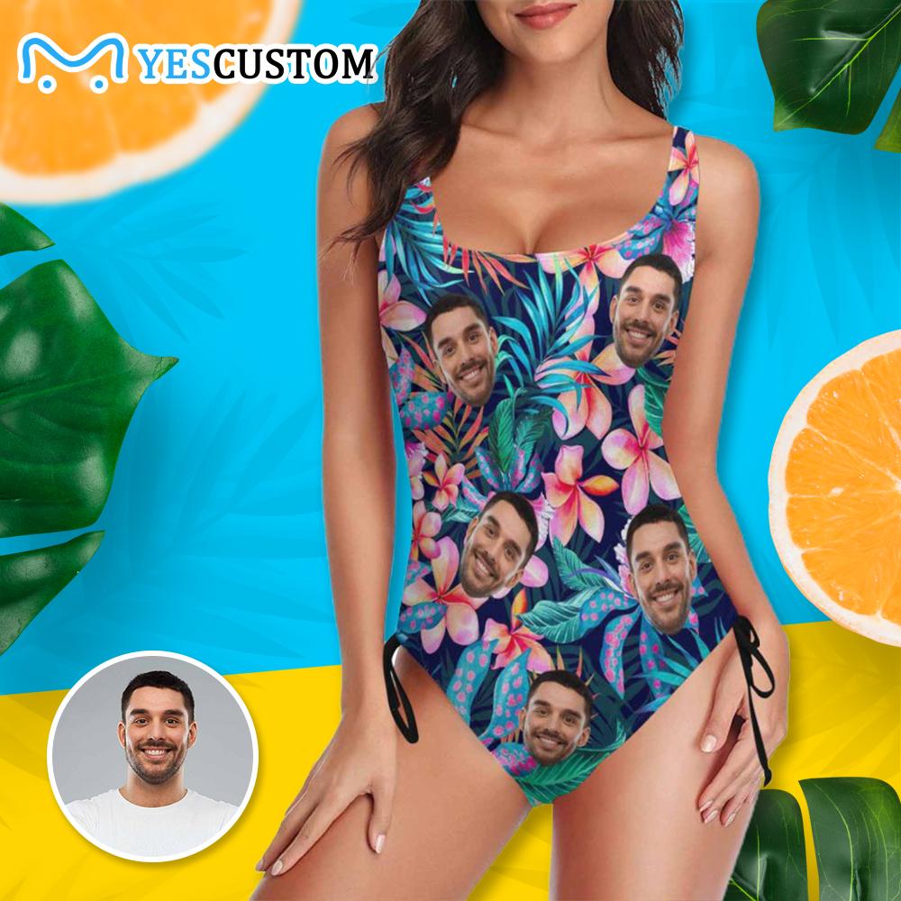 Custom Custom Face Fresh Flowers Swimsuits Personalized Women's New Drawstring Side One Piece Bathing Suit Holiday Party - YesCustom