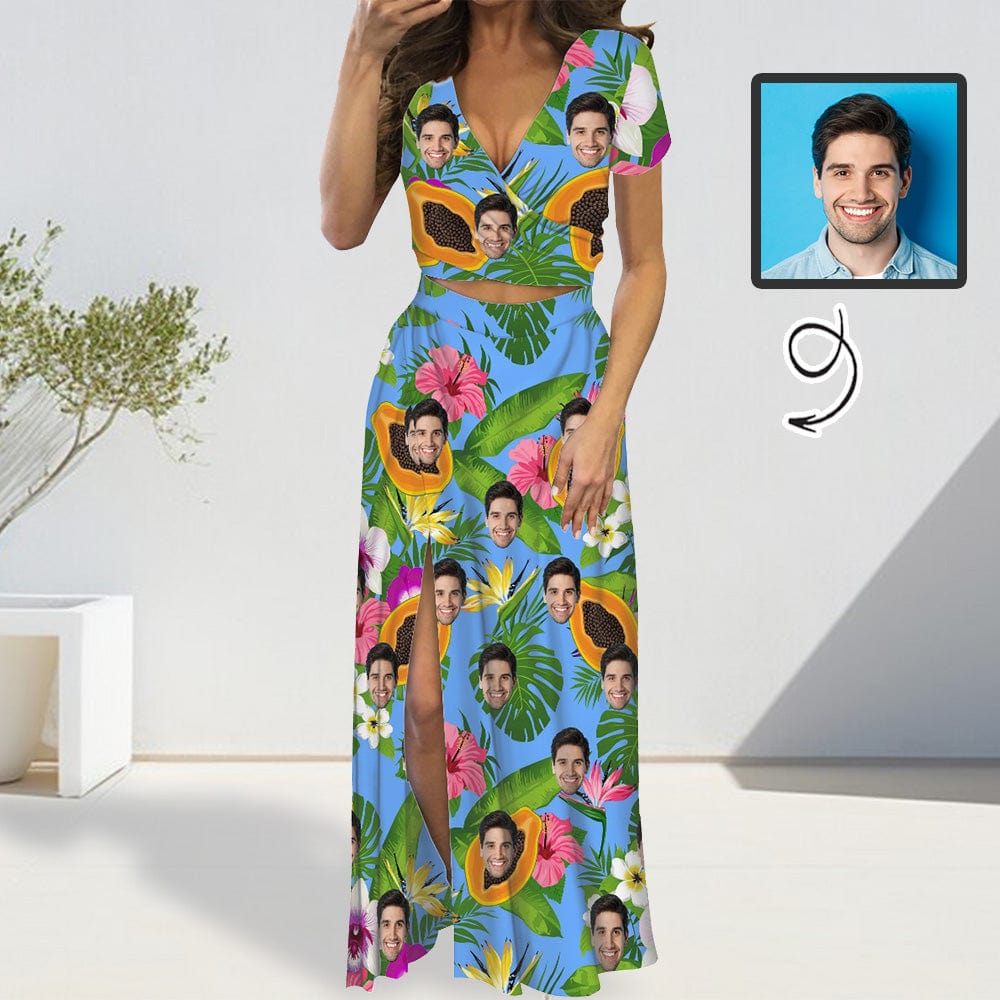 Custom Custom Face Fruits Print Beach Outfits Dress Personalized Women's V-neck Split Maxi Dresses Skirt Set - YesCustom