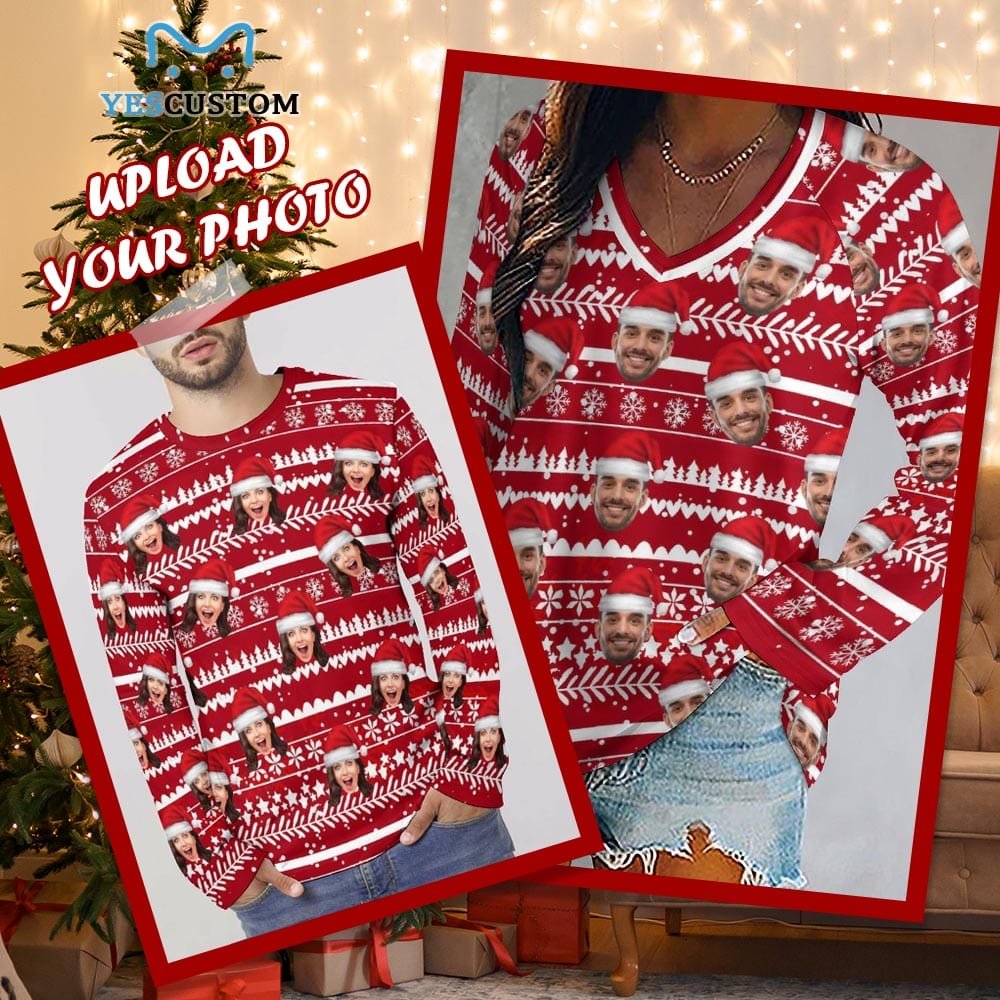 Custom Custom Face Full Print Long Sleeve T-Shirt with Christmas Stripes Red Create Your Own Personalized Couple All Over Print T-shirt - YesCustom