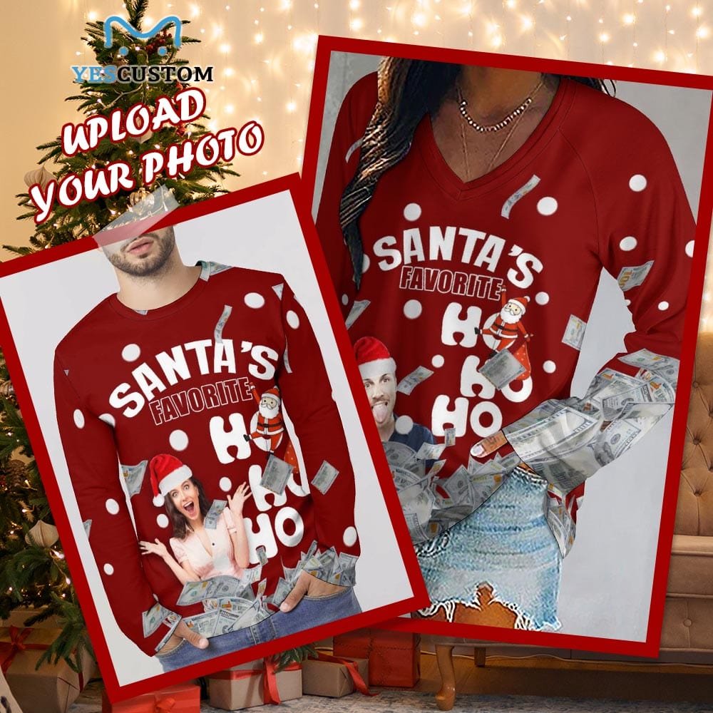 Custom Custom Face Full Print Long Sleeve T-Shirt with Santa Claus Banknote Red Create Your Own Personalized Couple All Over Print T-shirt - YesCustom