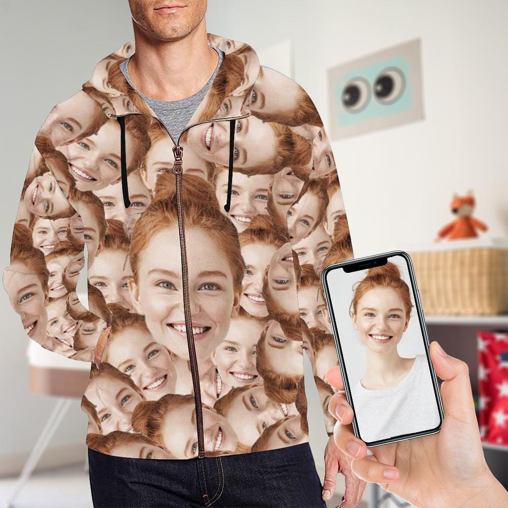 Custom Custom Face Full Zip Hoodie Men's Hoodie with Girifriend Face Personalized Seamless Face Loose Hoodie - YesCustom