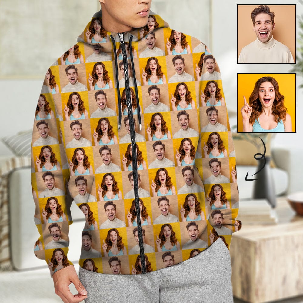 Custom Custom Face Full Zip Hoodie Personalized Couple Face Seamless Men's All Over Print Loose Hoodie - YesCustom