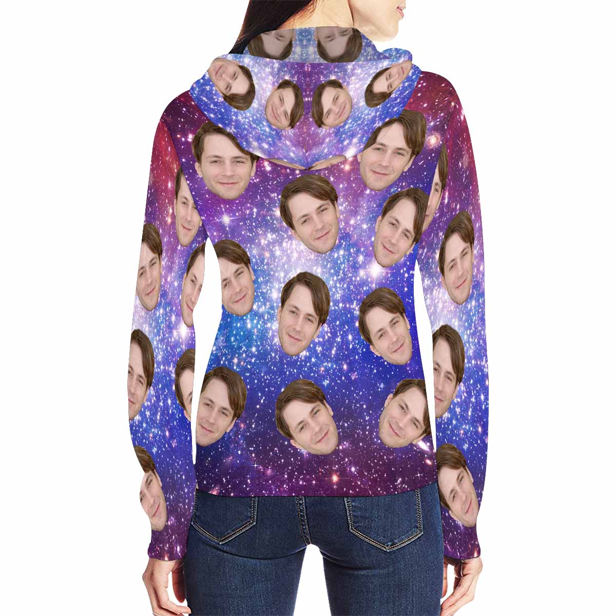 Custom Custom Face Full Zip Hoodie Starry Women's All Over Print Zipper Hoodie with Husband Face - YesCustom