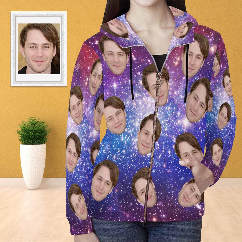 Custom Custom Face Full Zip Hoodie Starry Women's All Over Print Zipper Hoodie with Husband Face - YesCustom