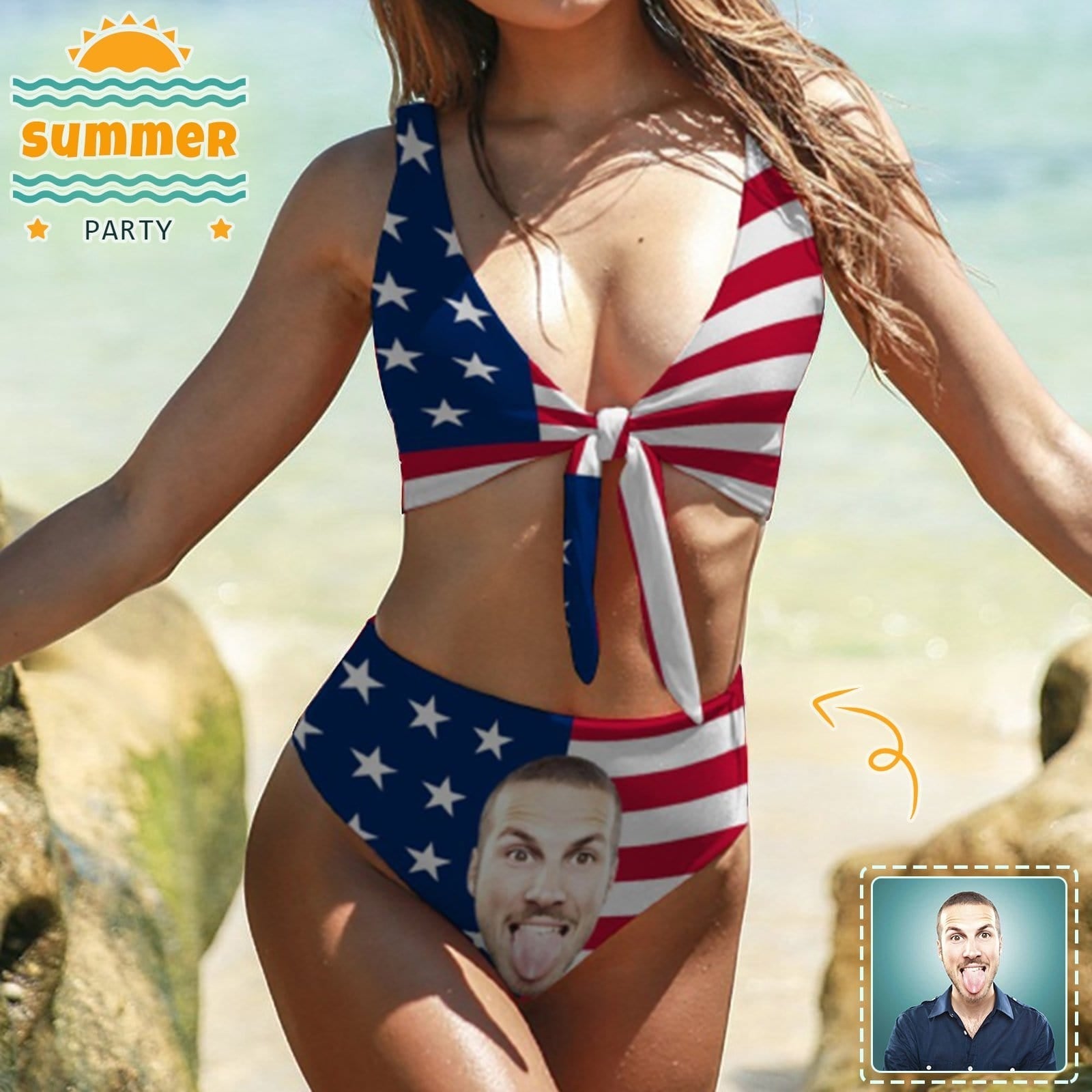 Custom Custom Face Funny Face Flag Bikini Personalized Women's Chest Strap Swimsuit Beach Bathing Suit - YesCustom
