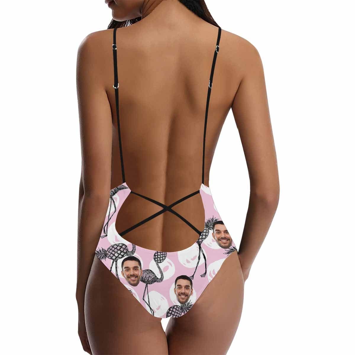 Custom Custom Face Funny Flamingo Swimsuit Personalized Women's Lacing Backless One Piece Bathing Suit Honeymoons For Her - YesCustom
